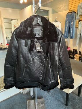Men's Black Faux Shearling Leather Jacket with Belt